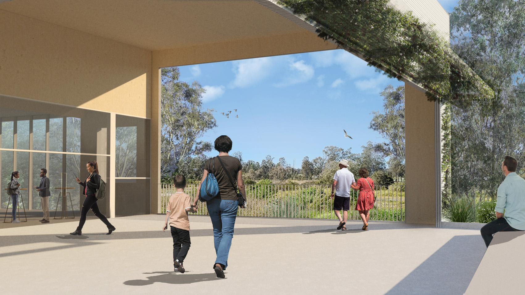 Artists impression image of a Catchment Centre building with large concrete awning over a modern, glass-clad building with hanging plants.