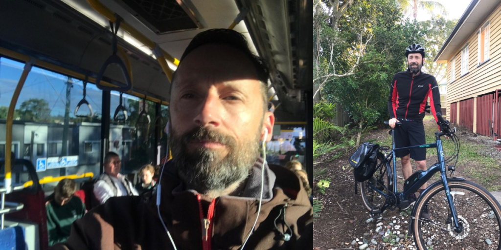 Two images of BSA staff member on the bus and standing next to his bike as he cycles to work.
